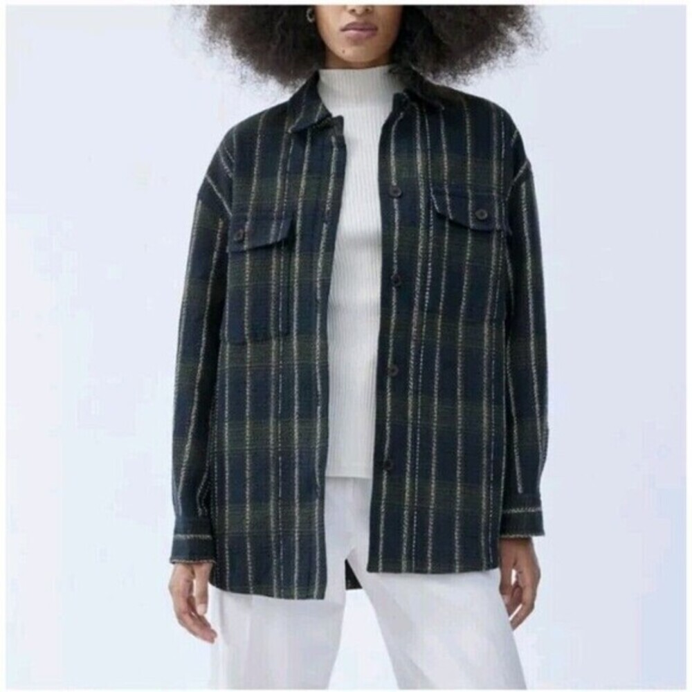 Babaton Plaid Shirt Jacket Shacket‎ Navy Green Textured Tweed Size 1 Oversized
